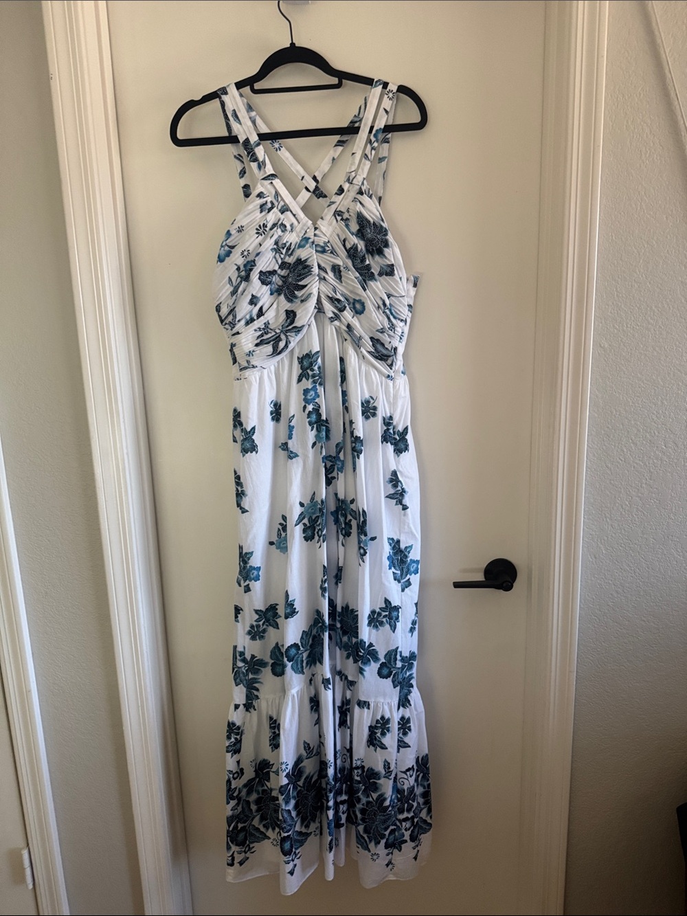 White Maxi Dress with Blue Floral Print and Crossback Straps